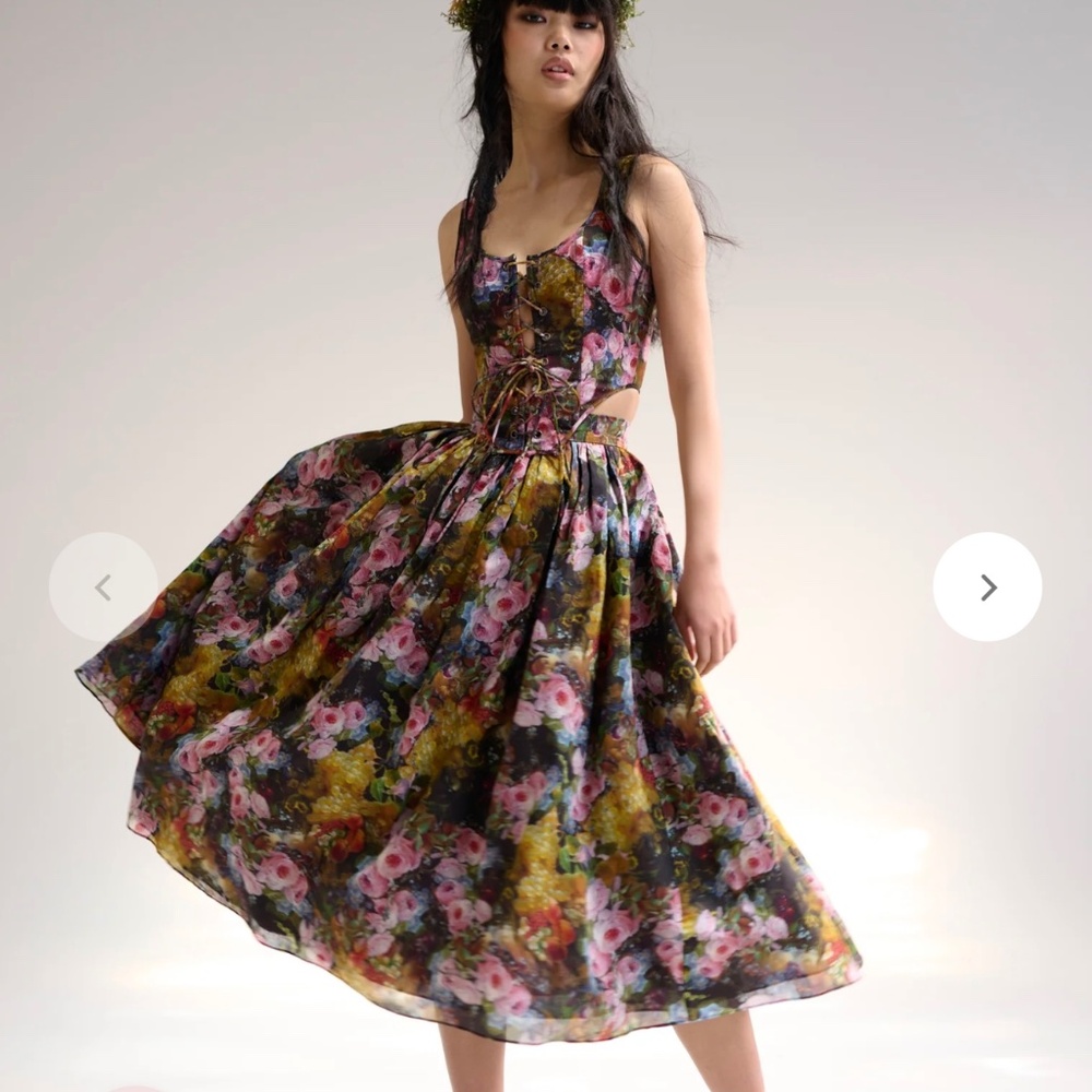 Selkie Floral A-Line Midi Skirt in Pink, Green, Black